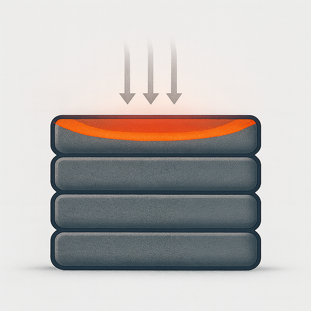 LEAM deposition-interface visualization showing localized thermal energy near the heated interface zone